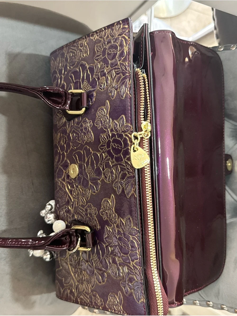 Patent Satchel with Crystal Buckle and Pearl Charm in Deep Plum